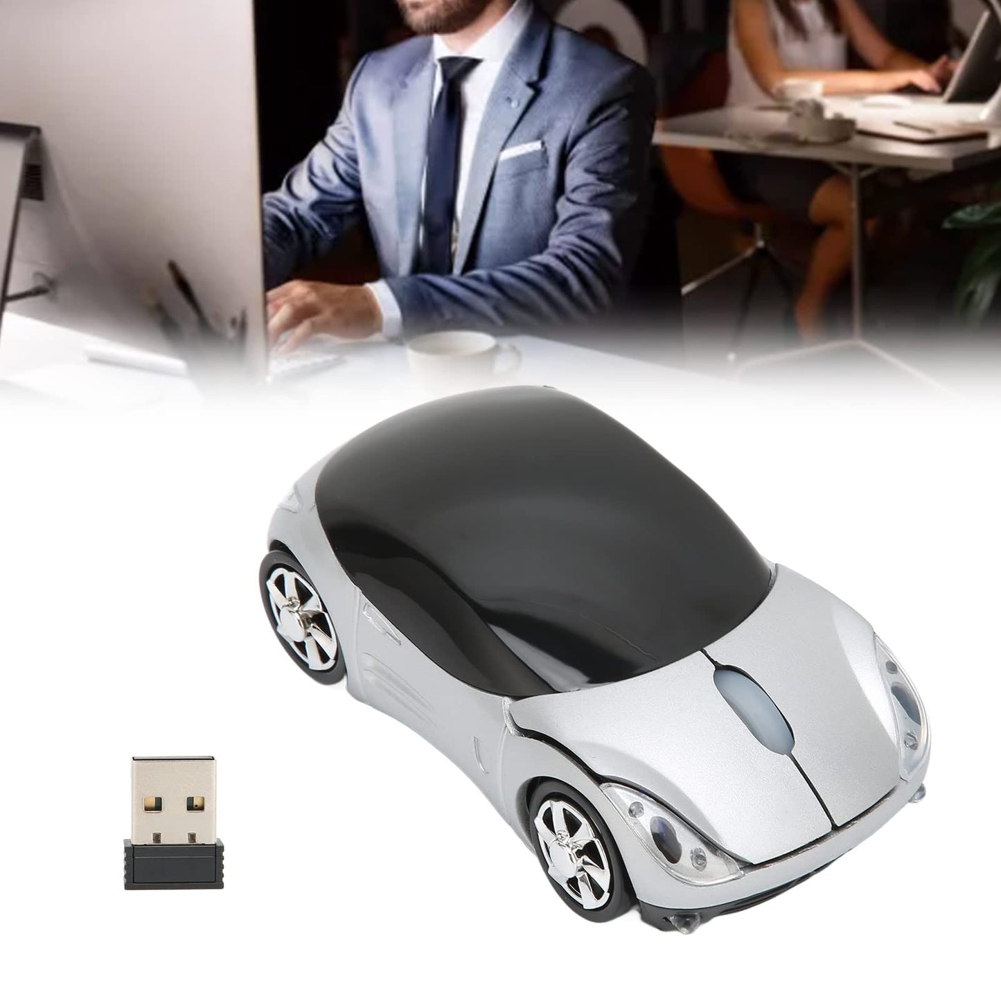 ASHATA 2.4GHz Car Shape Optical Gaming Mouse - Silver Plastic Design for PC, Laptop, Win 7, Linux