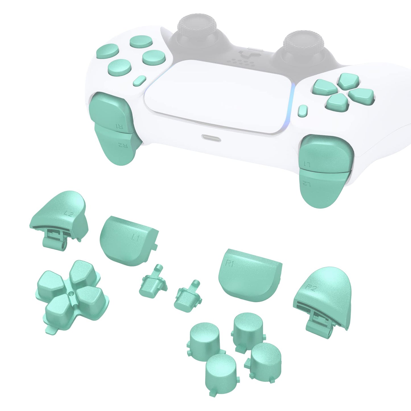 eXtremeRate Replacement D-pad R1 L1 R2 L2 Triggers Share Options Face Buttons  Metallic Vista Green Full Set Buttons Compatible with ps5 Controller BDM-010 & BDM-020