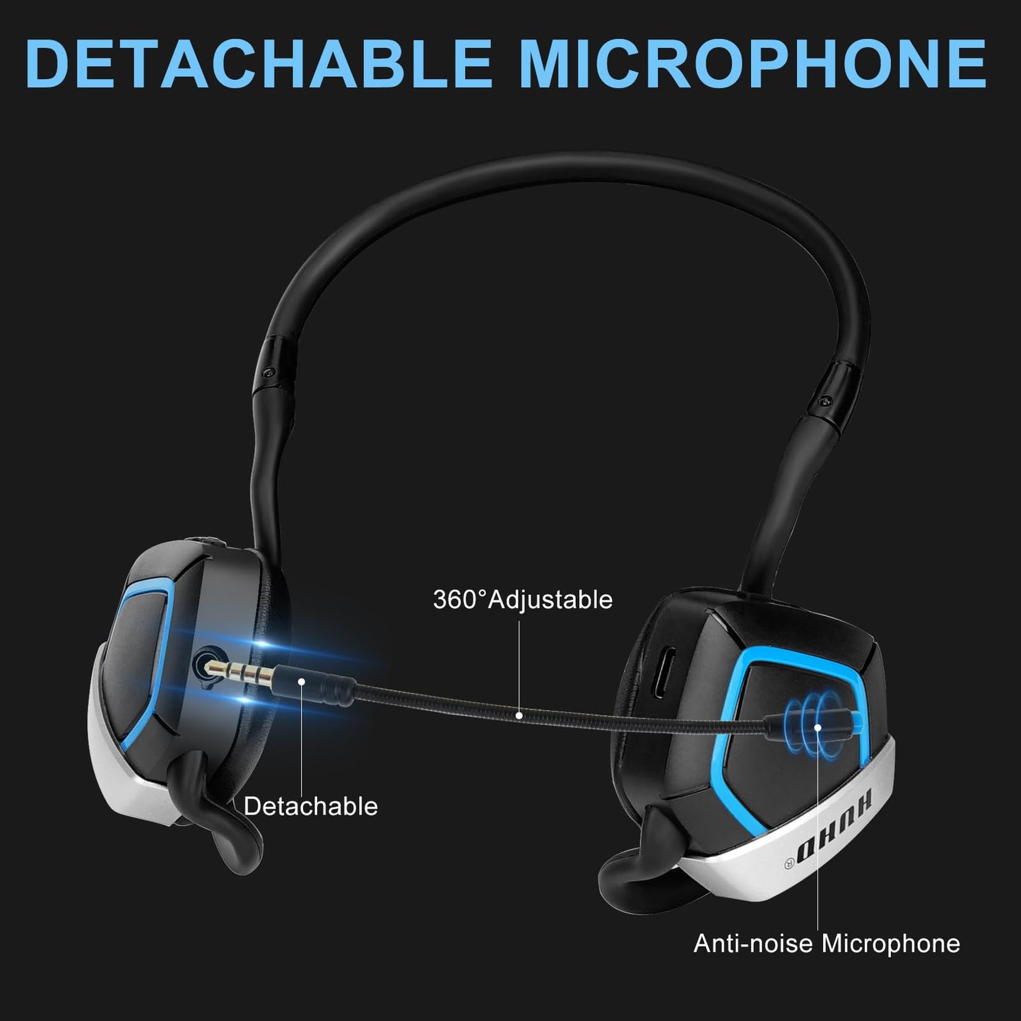 HUHD Wireless Gaming Headphones H1 - On-Ear, Foldable, Blue, with Detachable Mic for PS5, PS4, PC, Nintendo Switch - Large Size
