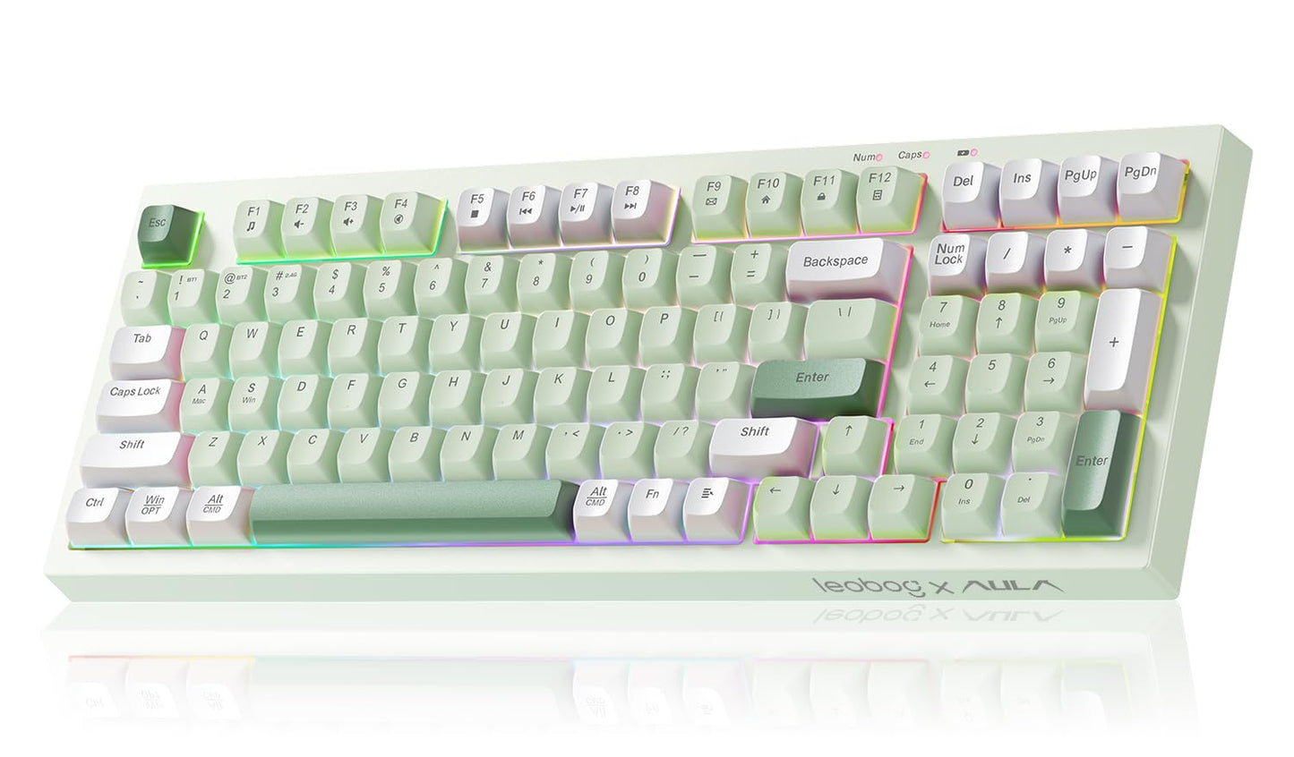 LEOBOG x Aula Gaming Keyboard  Wireless Creamy Keyboard  Bluetooth Computer Keyboards Mechanical Feeling Full Size with Number Pad Light Up RGB Backlit Tri-Mode BT/2.4GHz/USB-C - K99 Green