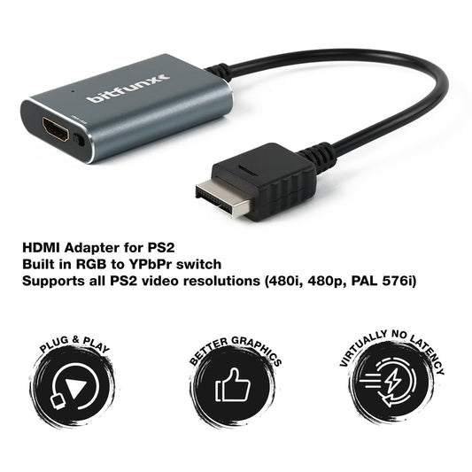 BITFUNX PS2 HDMI Adapter - RGB/Component to HDMI, Plug & Play, No Lag, Model PS2-HDMI-Adapter, Grey