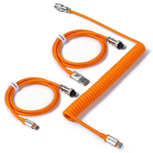 C04 2 in 1 Custom Coiled USB C Cable for Gaming Keyboard-Detachable Double Sleeve Spiral Cable with 5 Pin Aviator Connector for PS4 Xbox-USB A To Type C&Type C To Type C(1.62+3.28inch)-Orange