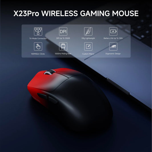 SEUNKWANG X23Pro Wireless Gaming Mouse, 12000 DPI, 49g Lightweight, 6 Programmable Buttons, Black-Red, USB-C Rechargeable