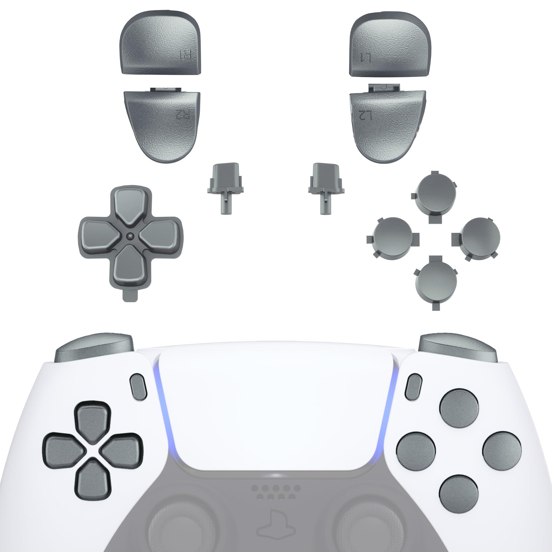 eXtremeRate Replacement D-pad R1 L1 R2 L2 Triggers Share Options Face Buttons  Metallic Steel Gray Full Set Buttons Compatible with ps5 Controller BDM-030 BDM-040 BDM-050 - Controller NOT Included