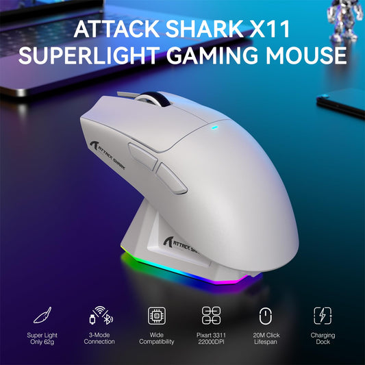 ATTACK SHARK X11 Wireless Gaming Mouse - RGB Dock, Tri-Mode, 22K DPI, 5 Buttons, White