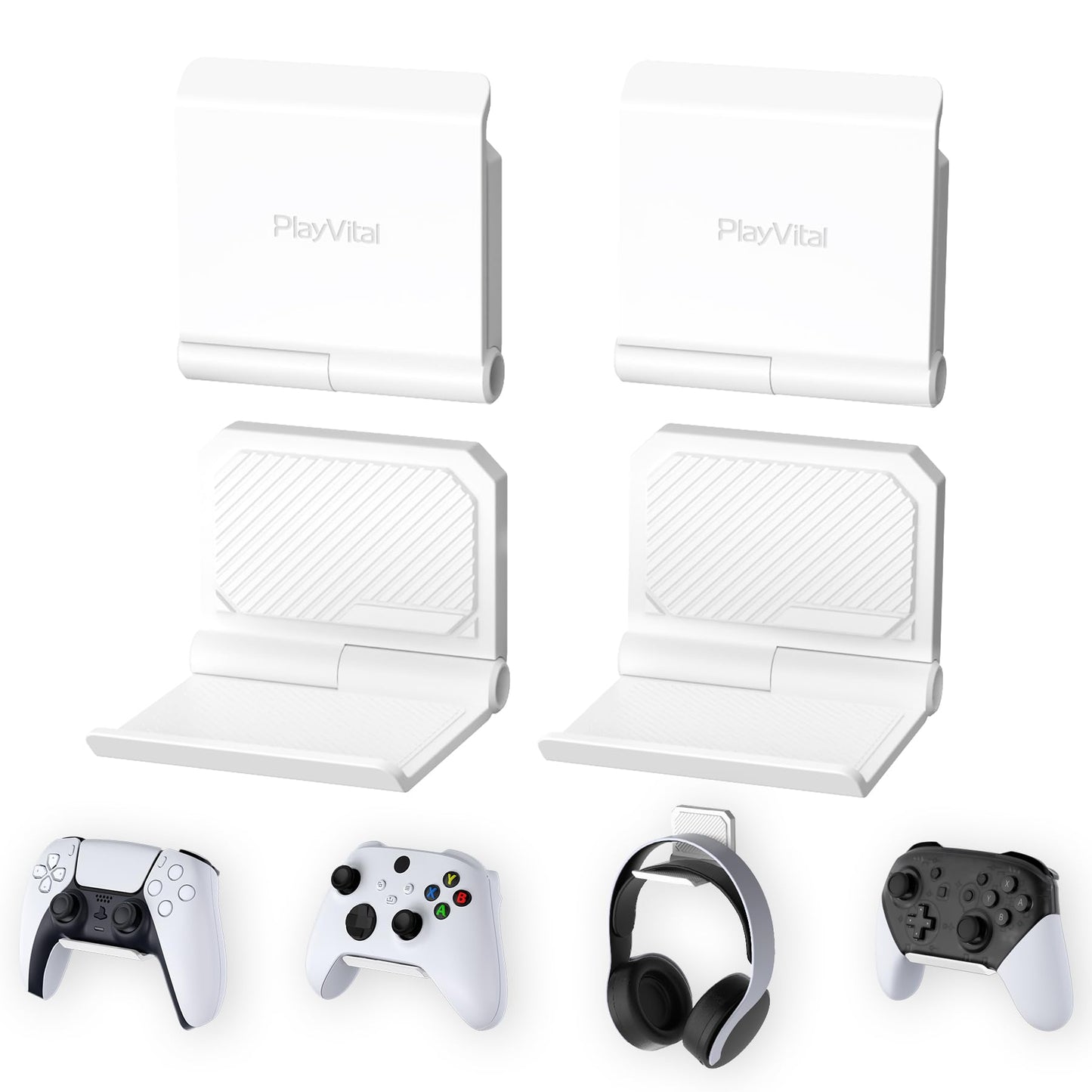 PlayVital FOLD Controller Holder Wall for PS5 PS4 Xbox Switch Pro Headset  2 Pack Universal Storage Organizer Gaming Controller Stand Headphone Mount - Foldable Anti-slip Adhesive Removable  White