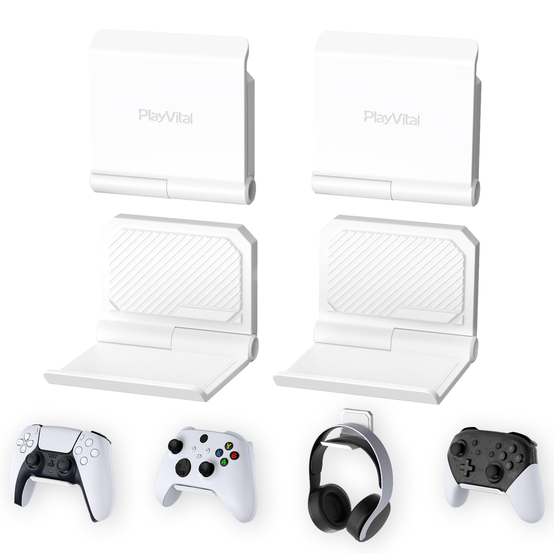 PlayVital FOLD Controller Holder Wall for PS5 PS4 Xbox Switch Pro Headset  2 Pack Universal Storage Organizer Gaming Controller Stand Headphone Mount - Foldable Anti-slip Adhesive Removable  White