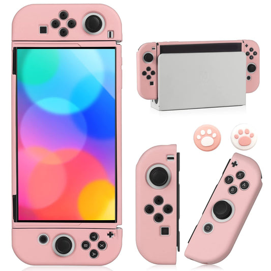 Switch OLED Case for Nintendo Switch OLED Model  Dockable Cover Soft TPU Protector Case for Switch OLED Grips & Console and Accessories with 2 Pcs Thumb Caps  Pink