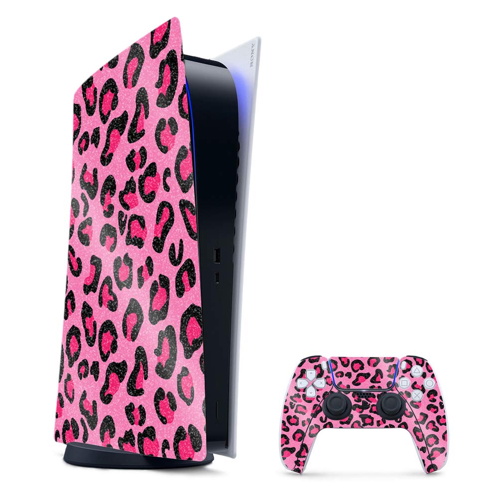 MightySkins Glossy Glitter Gaming Skin for PS5 / PlayStation 5 Digital Edition Bundle - Pink Leopard | Durable High-Gloss Glitter Finish | Easy to Apply and Change Styles | Made in The USA
