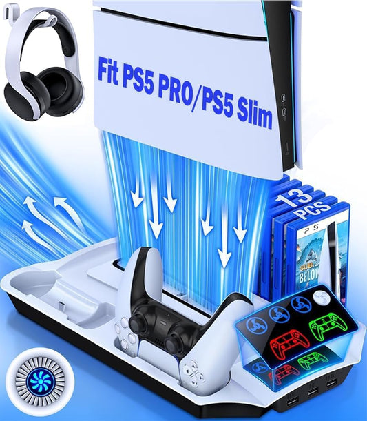 PS5 Slim Stand and Turbo Cooling Station with Controllers Charger Station for Playstation 5  PS5 Pro Console Accessories with 3 Levels Cooling Fan 13-Game Organizer Headset Holder for PS5 Digital/Disc