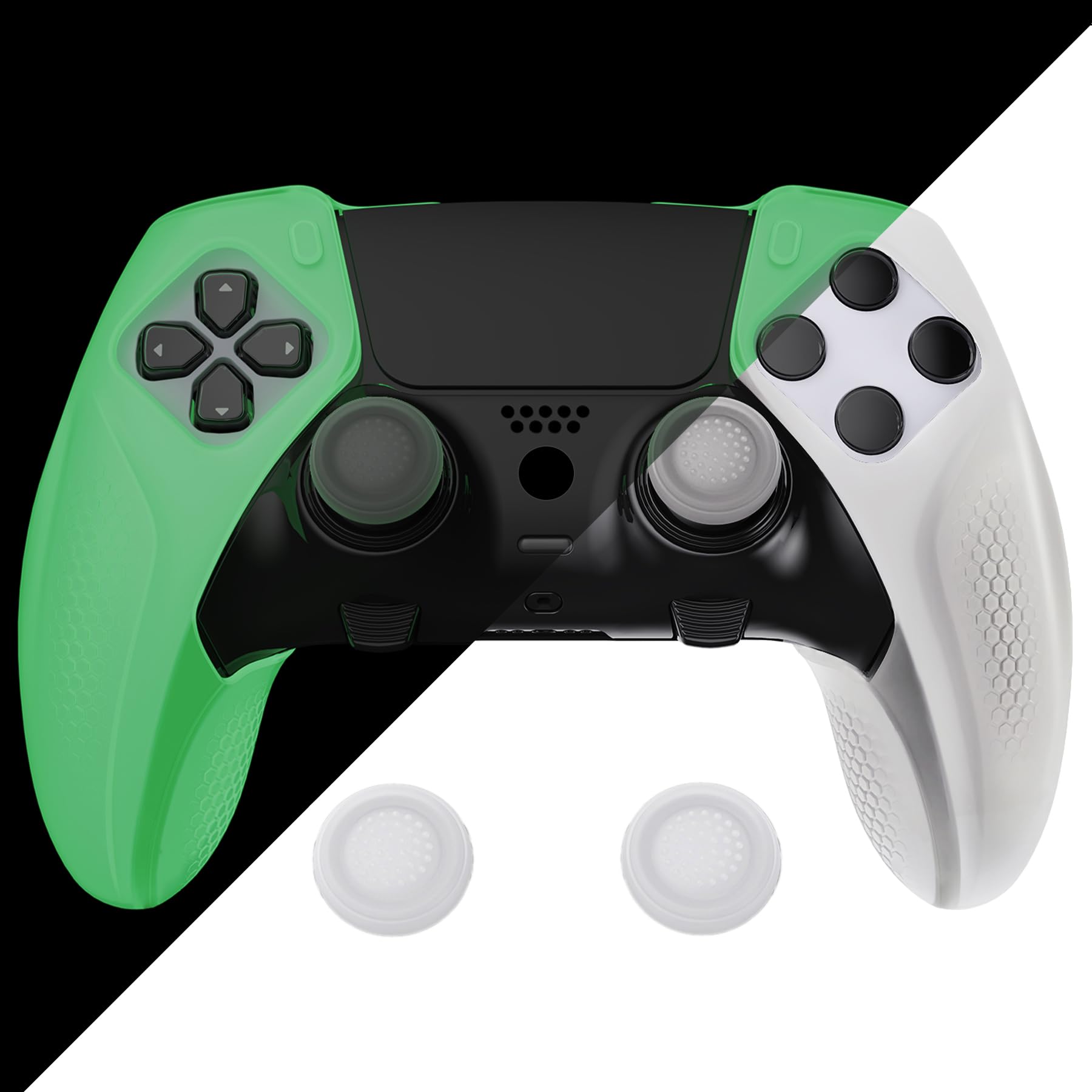 PlayVital Ninja Edition Glow in Dark Half-Covered Silicone Cover for ps5 Edge Wireless Controller  Ergonomic Protector Soft Rubber Case for ps5 Edge Controller with Thumb Grips - Green