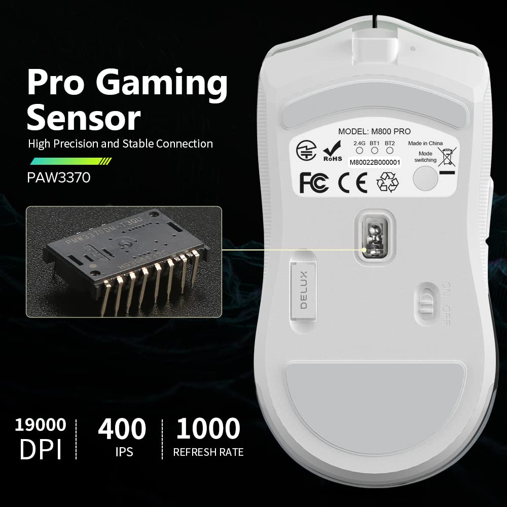 DeLUX M800PRO Wireless Gaming Mouse - PAW 3370 Sensor, 19000DPI, 6 Buttons, 70g Lightweight, White