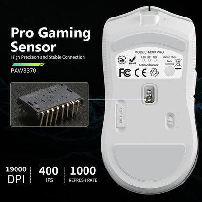 DeLUX M800PRO Wireless Gaming Mouse - PAW 3370 Sensor, 19000DPI, 6 Buttons, 70g Lightweight, White