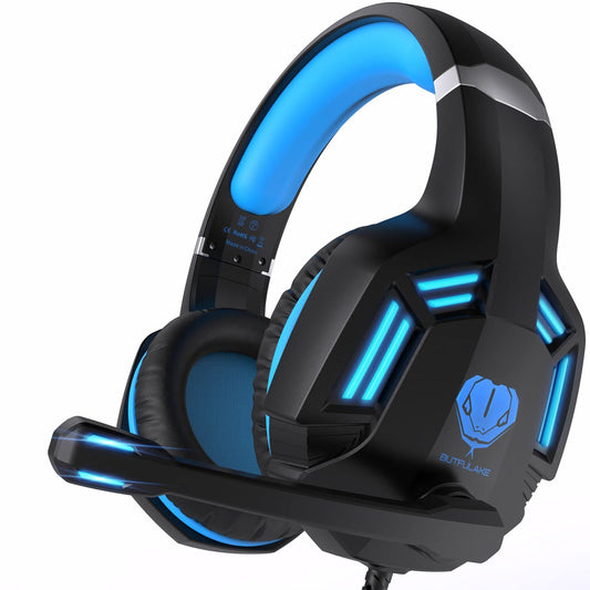 Gaming Headset for PS4  PC  Xbox One  PS5  for Nintendo Switch  Wired Over Ear Headphones with Stereo Surround Sound  Noise-Cancelling Microphone  LED Lights for Kids Adults  Black Blue
