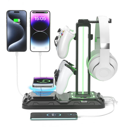 KDD Headphone & Controller Stand with Wireless Charging, Rotatable, 9 Light Modes, 2 USB & Type C Ports, Black - Model KDD-752W