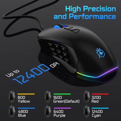 ROYALAXE Wired Gaming Mouse MS901, Ergonomic MMO Mouse, 14 Programmable Buttons, 12,400 DPI, RGB Lighting, Black