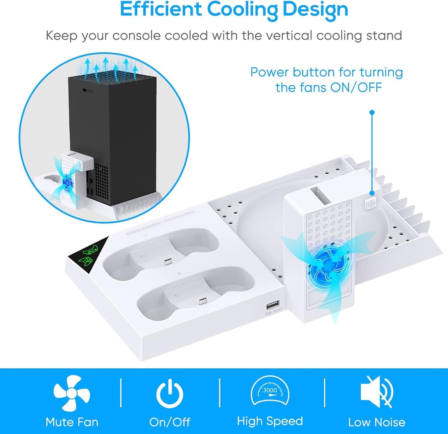YUANHOT Vertical Cooling Stand for Xbox Series X - Charging Station, Fan Cooling, 1400mAh Battery, White - Model XSX17W