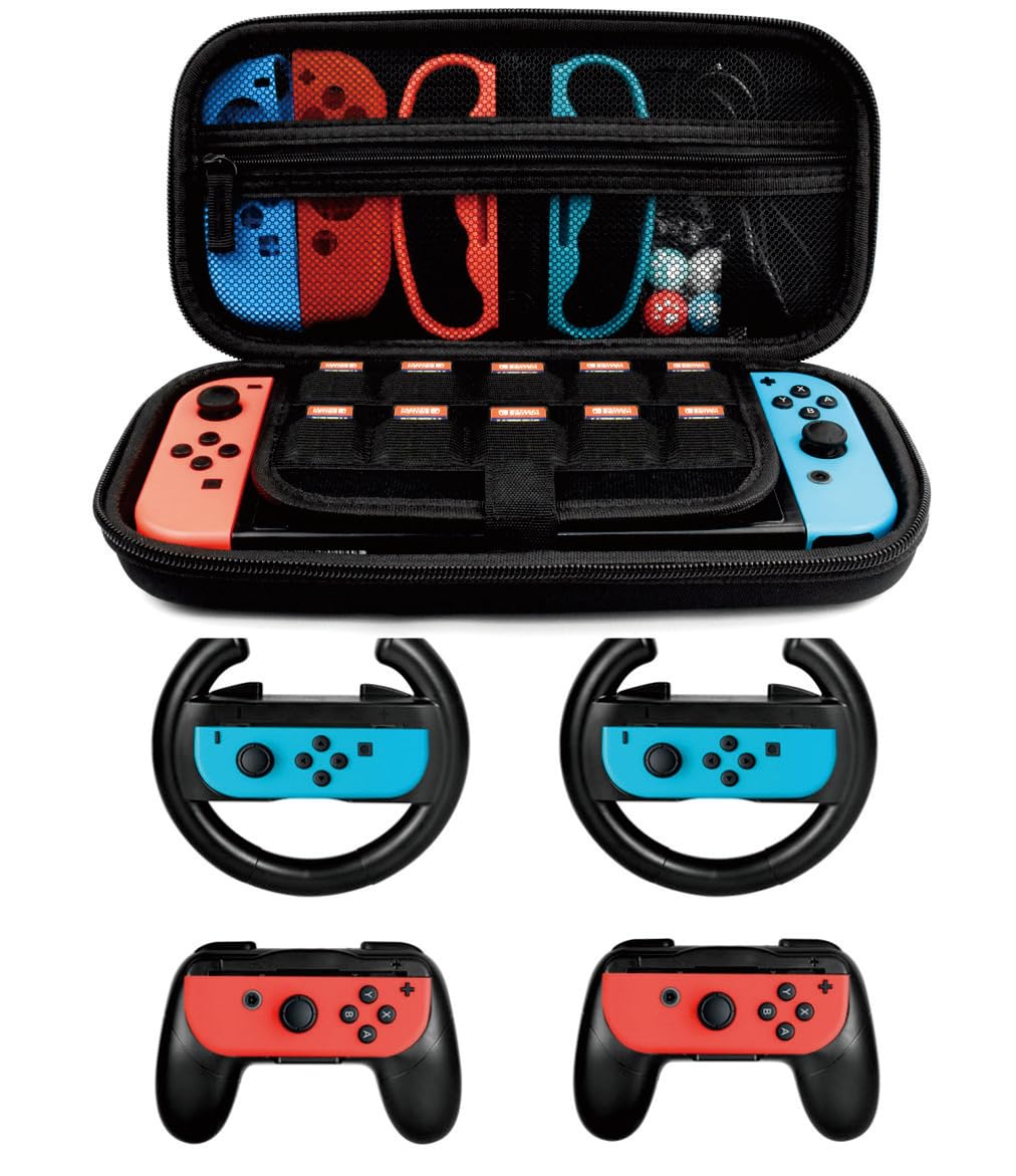 Laimax Accessories Kit for Nintendo Switch - 5 in 1 Black, Includes 2x Steering Wheel, 2x Grip Kit, 1x Travel Case, Model SS-13