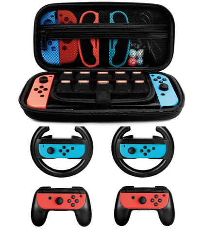 Laimax Accessories Kit for Nintendo Switch - 5 in 1 Black, Includes 2x Steering Wheel, 2x Grip Kit, 1x Travel Case, Model SS-13