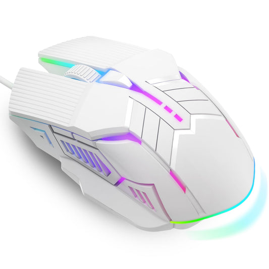 MELOGAGA Wired Gaming Mouse - Lightweight USB Optical, 7-Color RGB, 4 Adjustable DPI, Ergonomic Design, Model S800, White