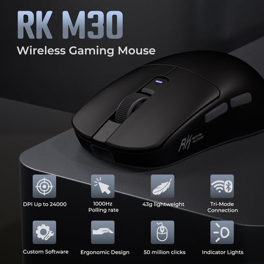 RK ROYAL KLUDGE RK M30 Wireless Gaming Mouse - 24000 DPI, 43g Lightweight, 5 Programmable Buttons, Black Grey