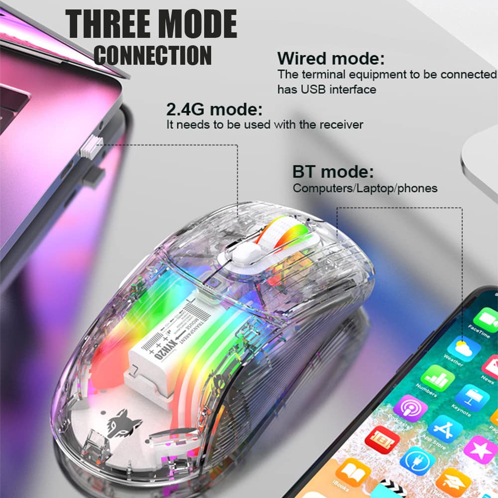 Attoe Bluetooth Wireless Mouse - Transparent RGB Dual Mode Gaming Mouse, White