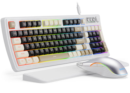 SABLUTE Wired Gaming Keyboard and Mouse  RGB Backlit Mechanical Feel PC Gaming Keyboards Multimedia Knob& Anti-Ghosting Ergonomic Premium Leather Wrist Rest for Game (White)