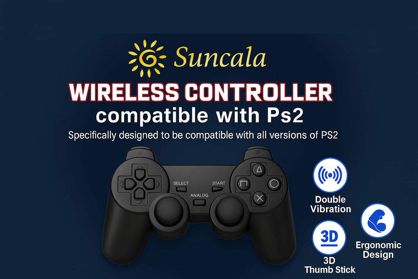 Suncala Wired Game Controller for PS2 - 7.2FT Cable, Black