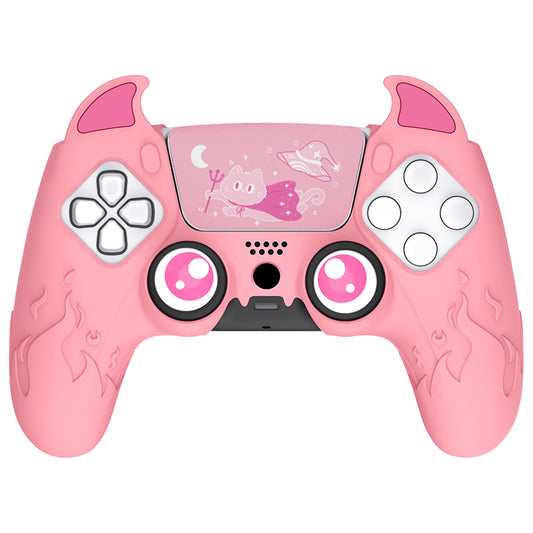 PlayVital Halloween Cute Demon Controller Silicone Case for ps5  Kawaii Controller Cover Gamepad Skin Protector for ps5 with Touch Pad Sticker & Thumb Grip Caps - Pink