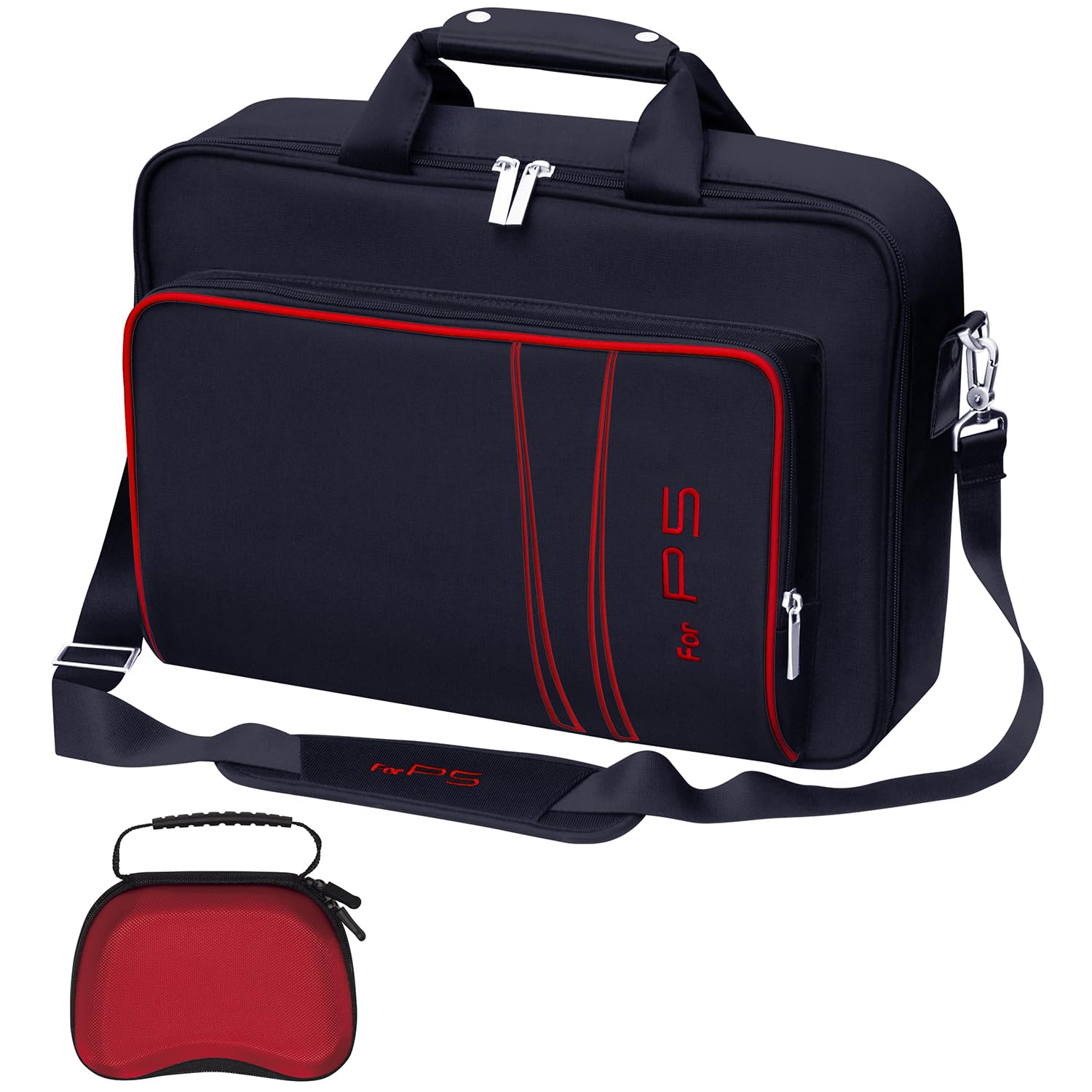 omarando Gaming Console Carrying Case Compatible with PS5 or PS5 Slim Travel Carrying Bag for Game Controller and Accessories Included Controller Protective Box (Black-Red)