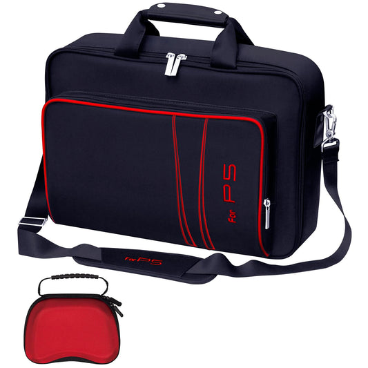 omarando Gaming Console Carrying Case Compatible with PS5 or PS5 Slim Travel Carrying Bag for Game Controller and Accessories Included Controller Protective Box (Black-Red)