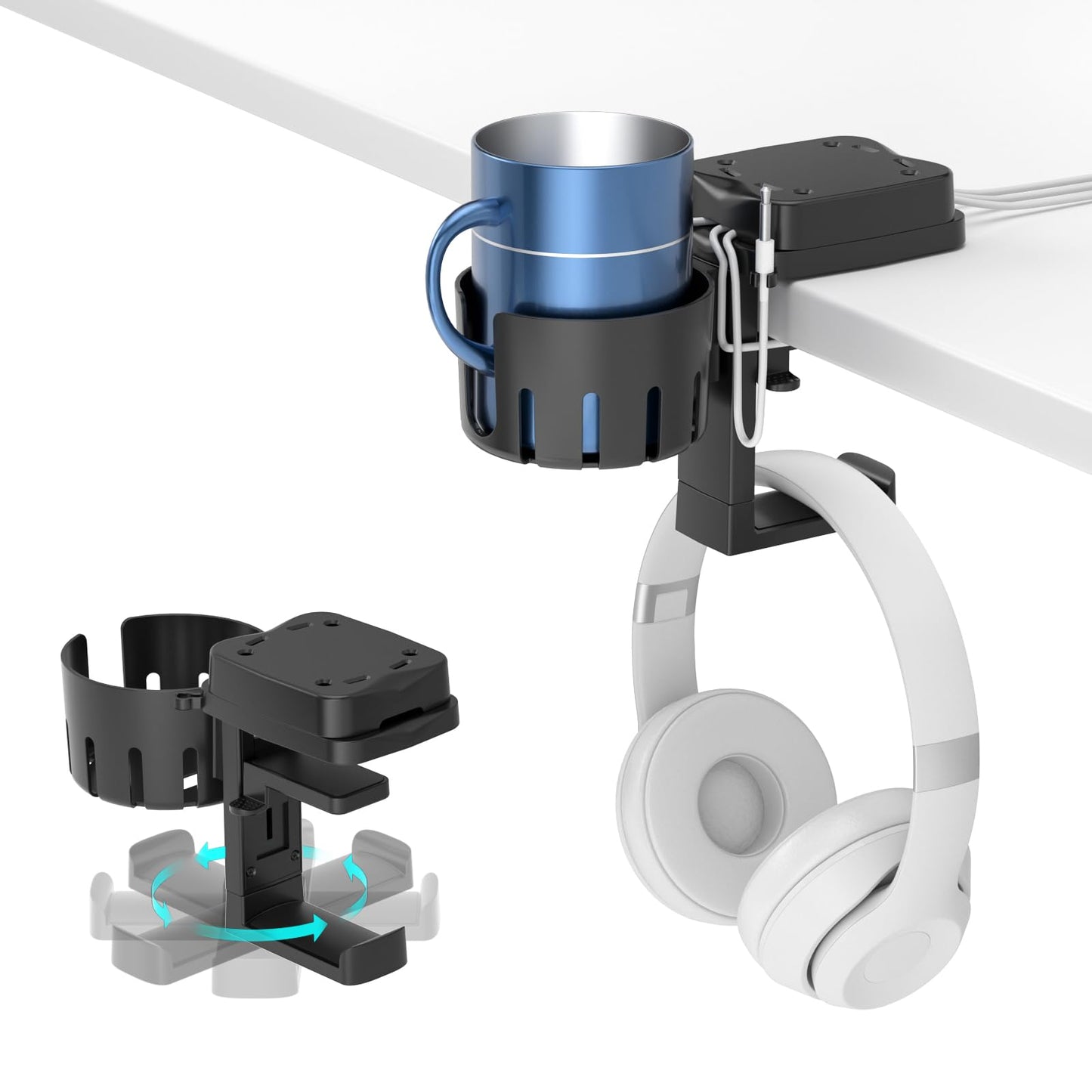 KDD 3 in 1 Headphone Hanger & Cup Holder - Rotatable Desk Organizer, Black