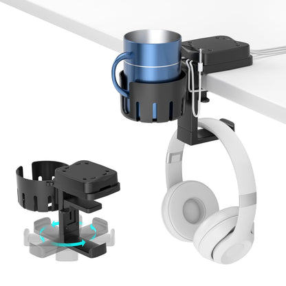 KDD 3 in 1 Headphone Hanger & Cup Holder - Rotatable Desk Organizer, Black