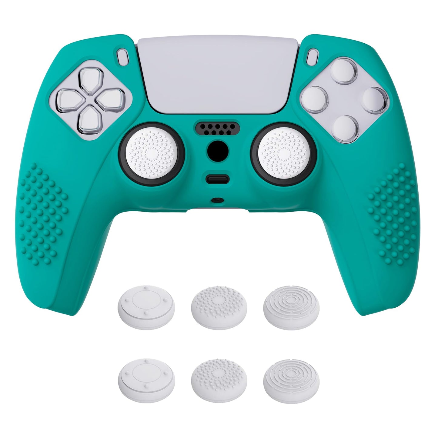 eXtremeRate PlayVital Aqua Green 3D Studded Edition Anti-Slip Silicone Cover Skin for ps5 Controller  Soft Rubber Case for PS5 Wireless Controller with 6 White Thumb Grip Caps