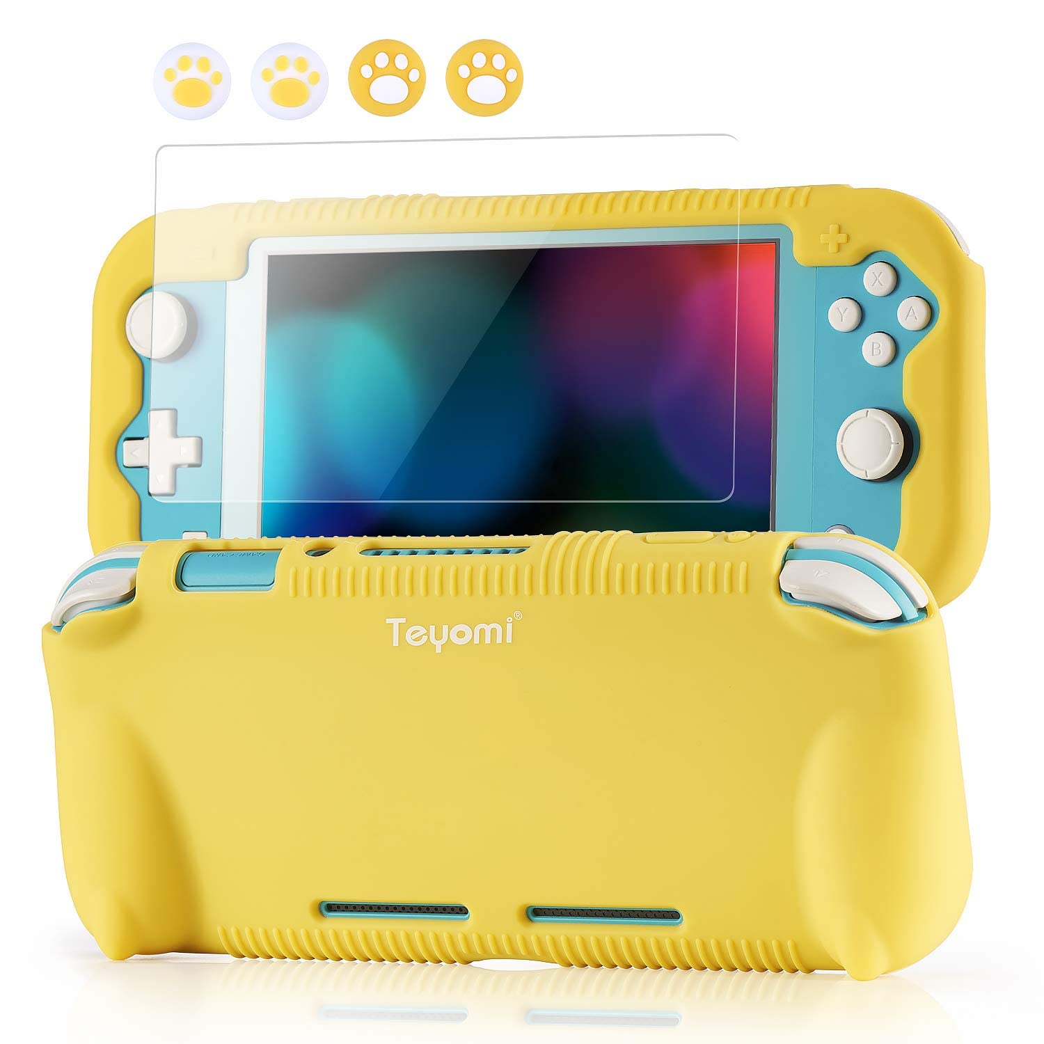 Teyomi Protective Case Compatible with Nintendo Switch Lite  Silicone Protective Cover for Nintendo Switch Lite with Tempered Glass Screen Protector  4 Pcs Thumb Grips & 2 Game Cartridges(Yellow)