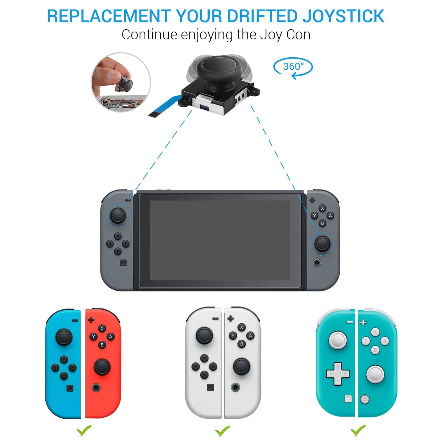 JAOYSTII Joycon Joystick Replacement 4 Pack - Black Analog Thumb Sticks for Switch Joy-Con & Lite Controllers with Grips & Screws