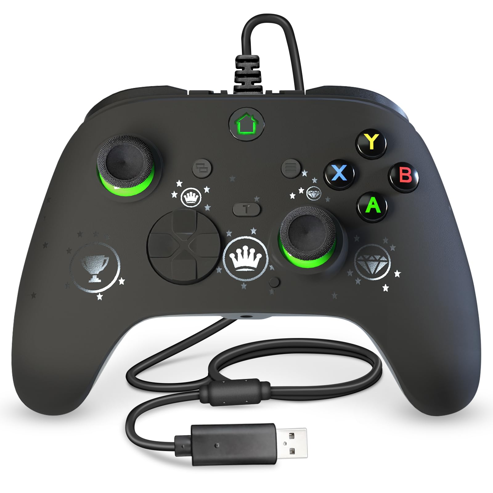 conwin Wired Game Controller for PC & XBOX One - RGB LED, Turbo, Programmable, Vibration, USB, Black