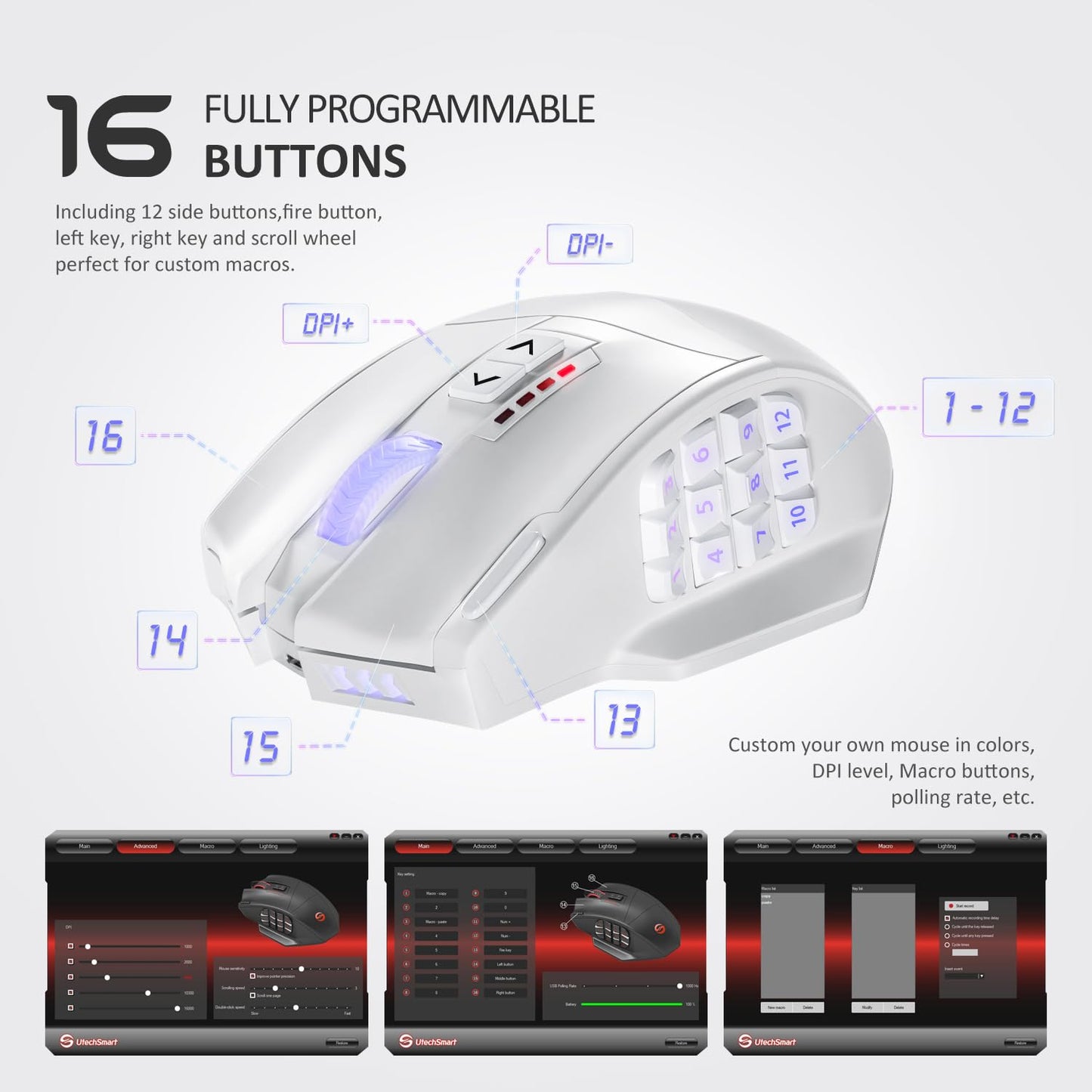 UtechSmart Venus Pro Wireless MMO Gaming Mouse, 16,000 DPI, Ergonomic, 16 Programmable Buttons, White, Model US-D16000-WGM