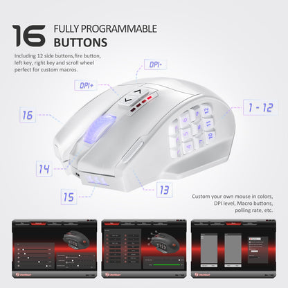 UtechSmart Venus Pro Wireless MMO Gaming Mouse, 16,000 DPI, Ergonomic, 16 Programmable Buttons, White, Model US-D16000-WGM