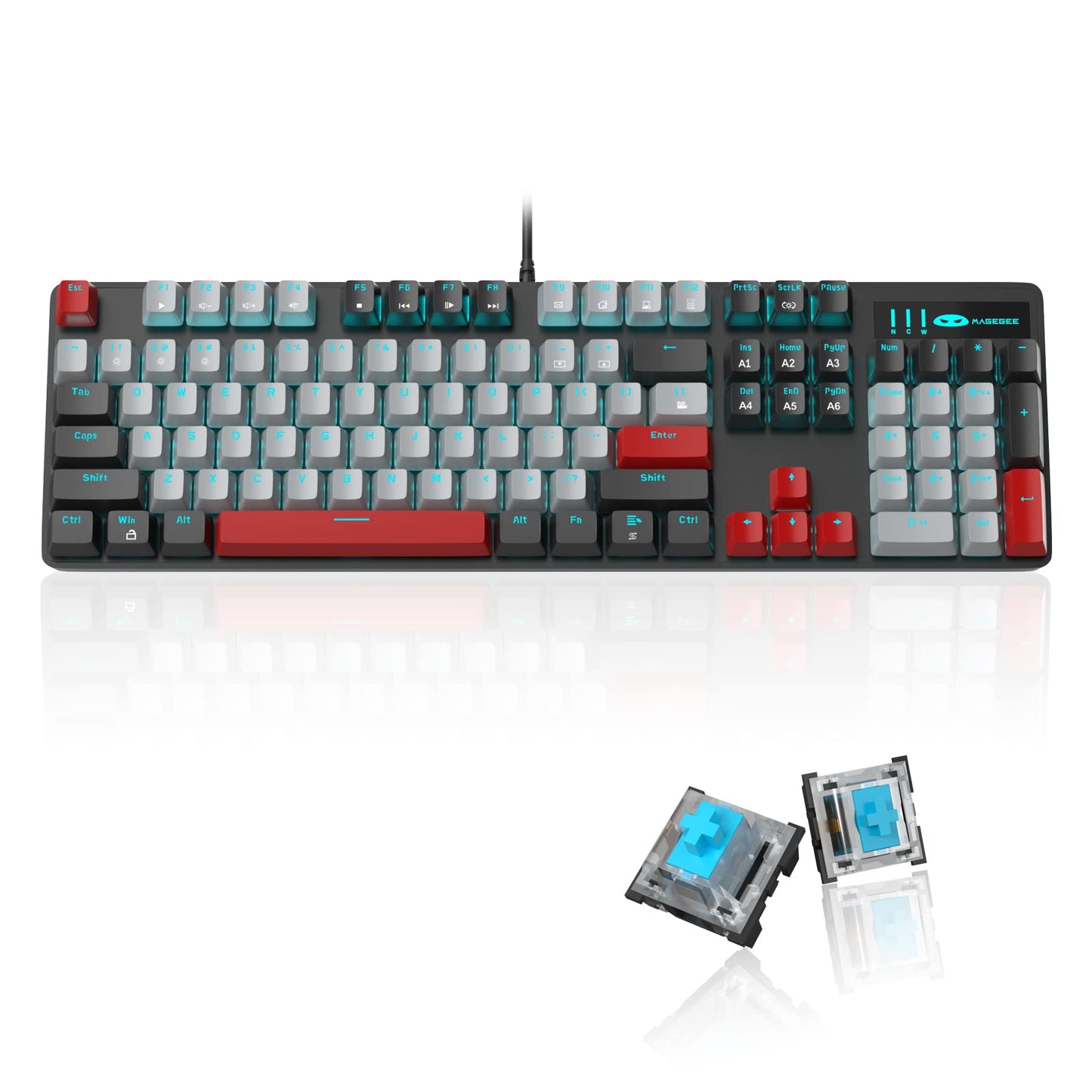 MageGee Mechanical Gaming Keyboard  New Upgraded 104 Keys Blue Backlit Keyboard with Blue Switches  USB Wired Mechanical Computer Keyboard for Laptop  Desktop  PC Gamers(Black & Gray)