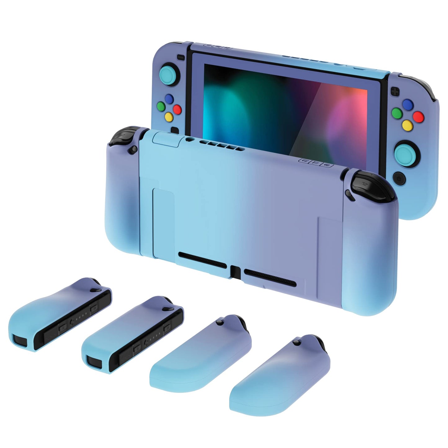 PlayVital AlterGrips Ergonomic Grips Cover for Nintendo Switch  [2 Design] Interchangeable Comfort Dockable Protective Case with Screen Protector & Thumb Grip Buttons Caps - Gradient Violet Blue