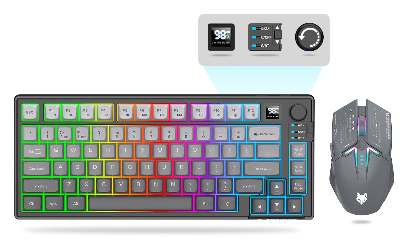 Attoe Wireless Gaming Keyboard and Mouse Combo, BT5.0/2.4GHz/USB-C, RGB, 1600DPI, 2000mAh, Gradient Gray, Model JST