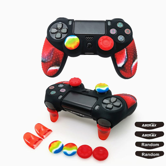 Silicone Skin Cover for Ps4 Slim/Pro DualShock Controller(1pc Anti-Slip Case  1 Pair L2 R2 Trigger Extender  4pcs Thumb Grips 4pcs LED Light Bar Protector Decal)(Double Red granular)