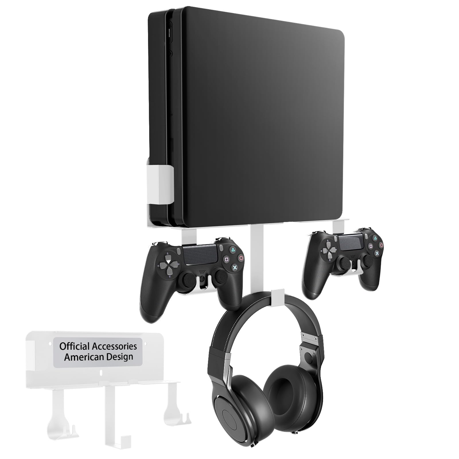Wall Mount Kit with Detachable 2 Controller Holder & Headphone Hanger  Metal Wall Mount Stand Compatible with PlayStation 4 Slim
