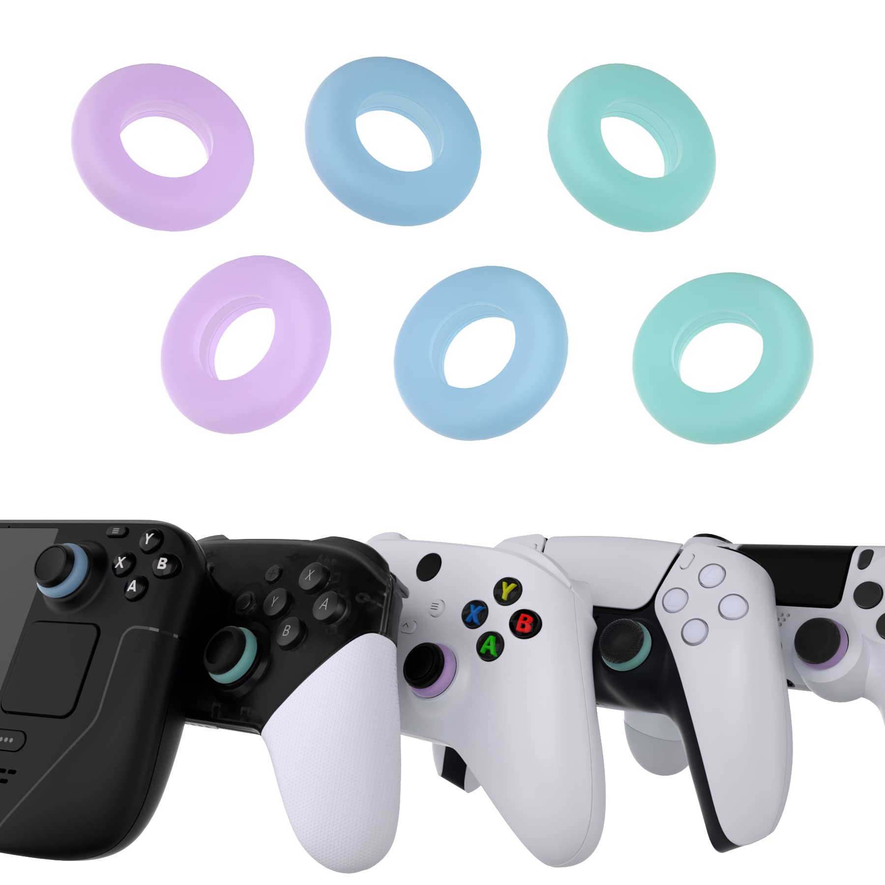 PlayVital 6 Pack Silicone Precision Rings for ps5  for ps4  for Xbox Series X/S  Xbox One  Xbox 360  for Switch 2 Pro  for Steam Deck - Aim Assist Target Motion Control  Purple & Green & Blue