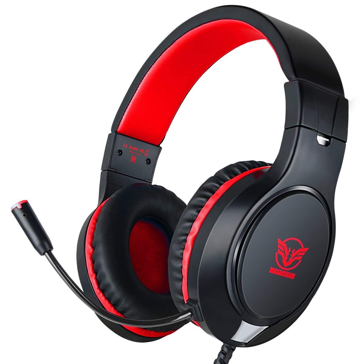 MASACEGON Gaming Headset - Noise Cancelling, Bass Surround, Flexible Mic, 3.5mm Wired, Over-Ear for Nintendo Switch, Xbox, PS4/PS5 - Red