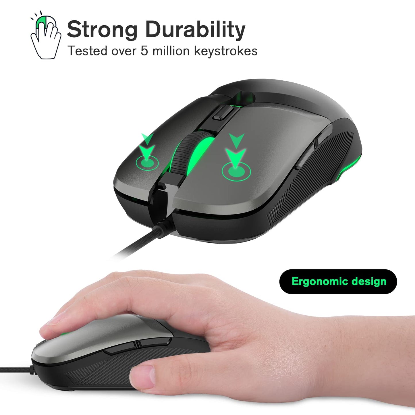 RaceGT Wired Gaming Mouse - USB Optical, 8000 DPI, Ergonomic Design, RGB Backlit, Black