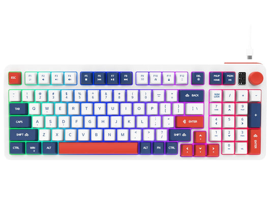 Hofotek 96% Wired Gaming Keyboard - Creamy Membrane, Silent, Number Pad & Volume Knob, Blue/Red/White, Model 920
