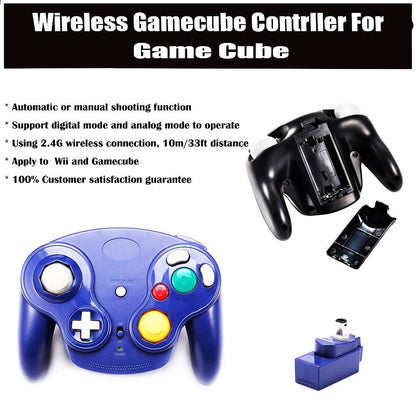 VTone Wireless Game Cube Controller - 2.4G Classic Gamepad Set, Black & Dark Blue, Includes Receiver Adapter for Wii NGC GC