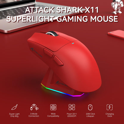 ATTACK SHARK X11 Wireless Gaming Mouse, RGB Charging Dock, 22K DPI, 2.4G/USB-C/BT, 5 Buttons, Red